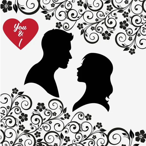 Elemento floral con pareja silhoutte para tarjeta de felicitación valentine — Vector de stock