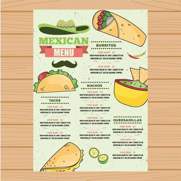 Comida mexicana de menú . — Vector de stock
