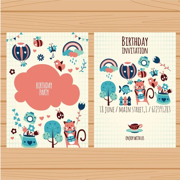 Cumpleaños invitación Doodle lindo — Vector de stock