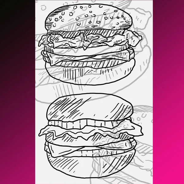 Två hamburgare skiss linje konst. — Stock vektor
