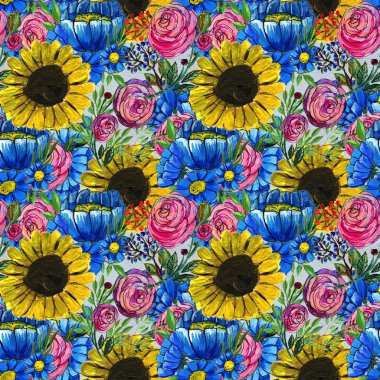 Mavi sarı ve pembe çiçekler ile Seamless Modeli