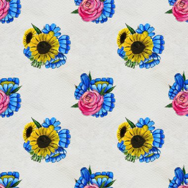 Mavi sarı ve pembe çiçekler ile Seamless Modeli