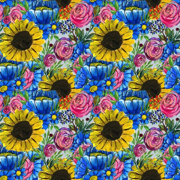 Seamless pattern with blue yellow and pink flowers — Stock Photo, Image