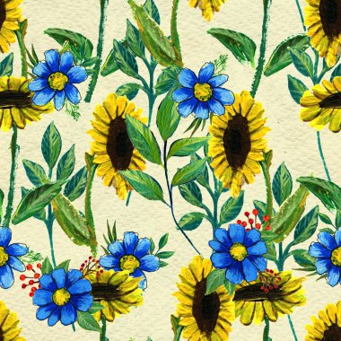 Ayçiçeği ve kır çiçekleri ile Seamless Modeli