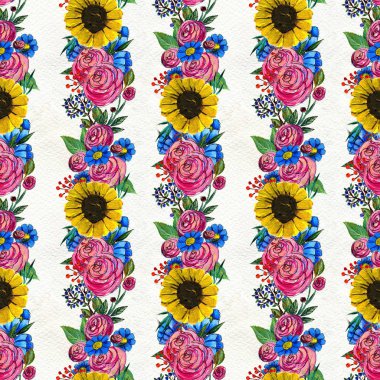 Mavi sarı ve pembe çiçekler ile Seamless Modeli