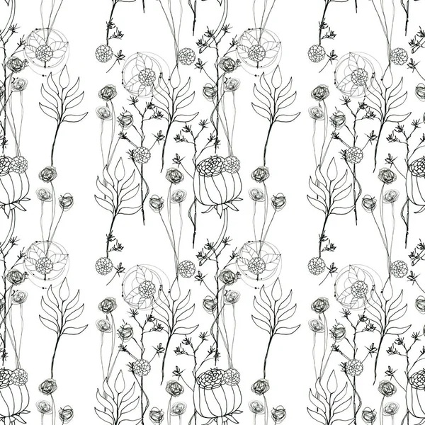 Seamless floral with abstract black and white flowers