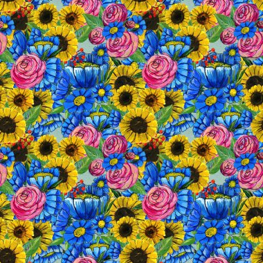 Mavi sarı ve pembe çiçekler ile Seamless Modeli