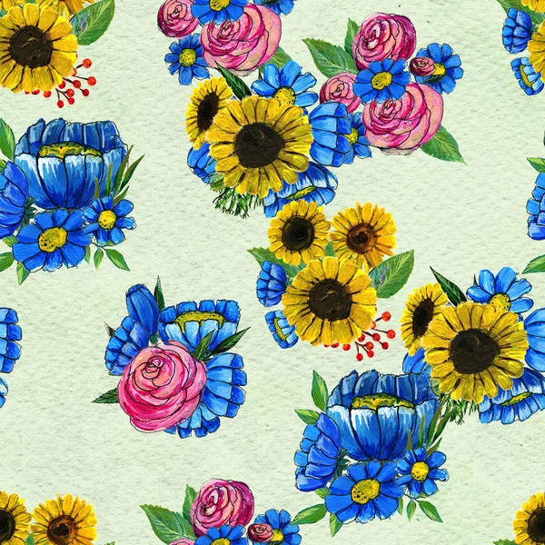 Vzor bezešvé s modrými žluté a růžové květy — Stock fotografie