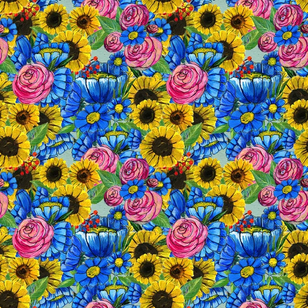 Motif sans couture avec des fleurs jaunes et roses bleues — Photo