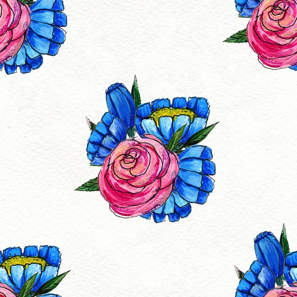 Padrão sem costura com flores azuis e rosa — Fotografia de Stock
