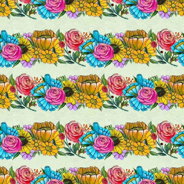 Seamless pattern with blue yellow and pink flowers