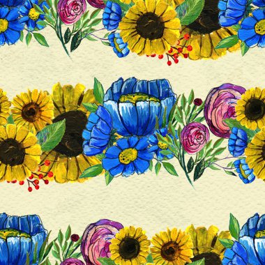 Mavi sarı ve pembe çiçekler ile Seamless Modeli