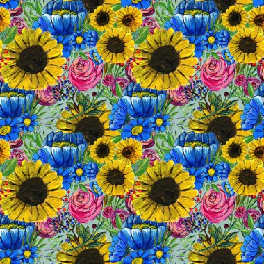 Mavi sarı ve pembe çiçekler ile Seamless Modeli