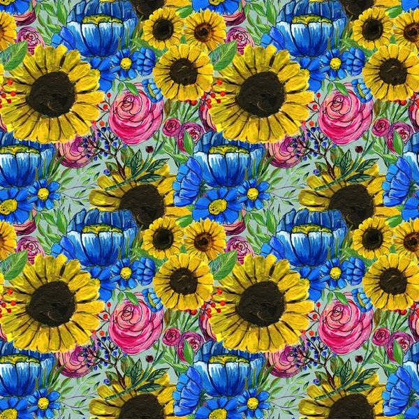 Modello senza cuciture con fiori gialli e rosa blu — Foto Stock