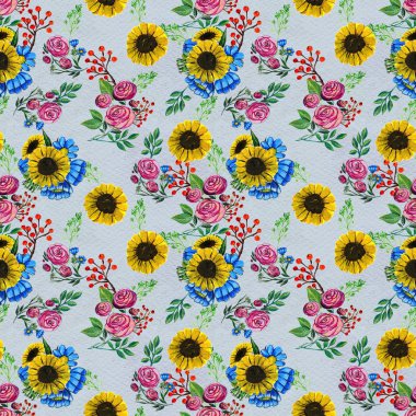 Mavi sarı ve pembe çiçekler ile Seamless Modeli