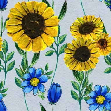 Ayçiçeği ve kır çiçekleri ile Seamless Modeli