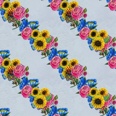 Mavi sarı ve pembe çiçekler ile Seamless Modeli