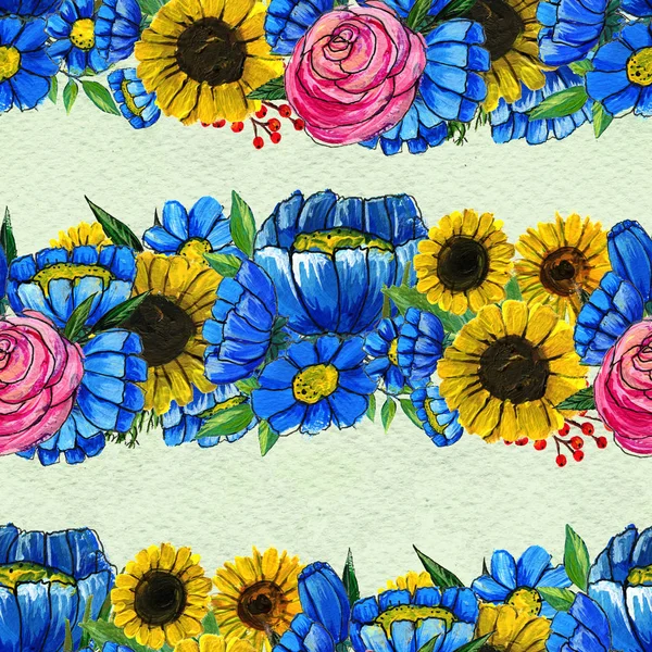 Mavi sarı ve pembe çiçekler ile Seamless Modeli — Stok fotoğraf