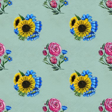 Mavi sarı ve pembe çiçekler ile Seamless Modeli