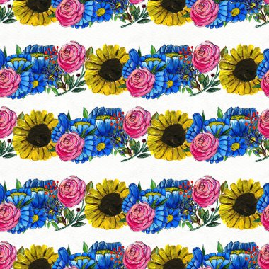 Mavi sarı ve pembe çiçekler ile Seamless Modeli