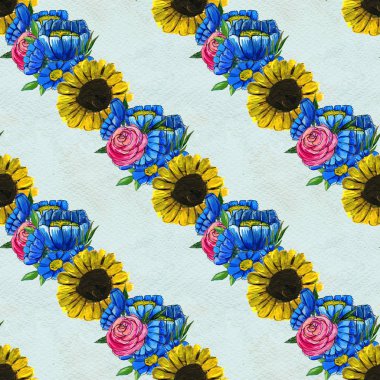 Mavi sarı ve pembe çiçekler ile Seamless Modeli