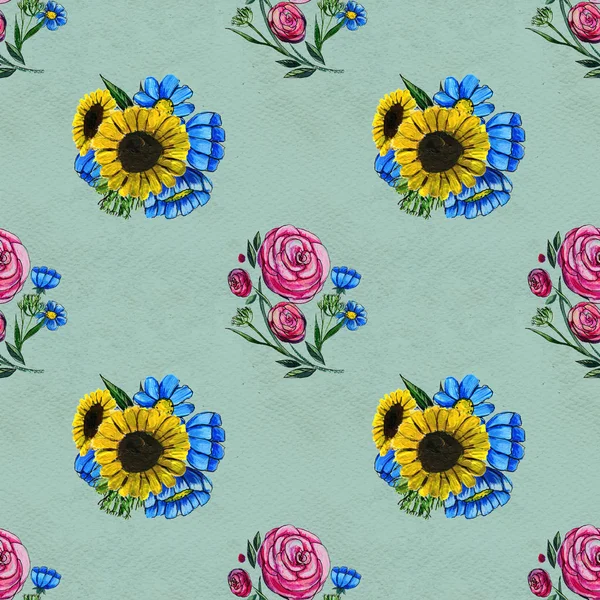 Mavi sarı ve pembe çiçekler ile Seamless Modeli