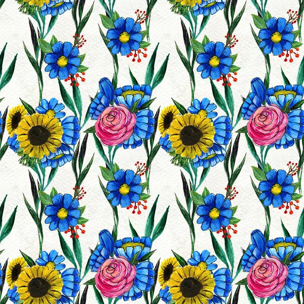 Mavi sarı ve pembe çiçekler ile Seamless Modeli