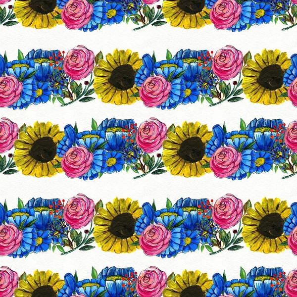 Seamless pattern with blue yellow and pink flowers — Stock Photo, Image