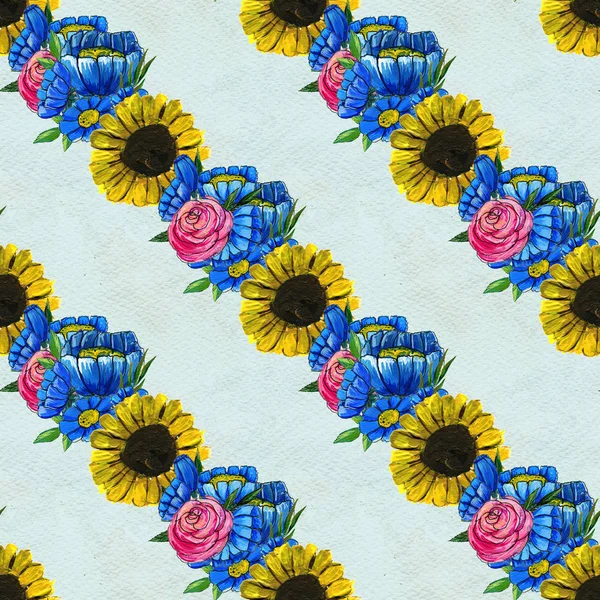 Seamless pattern with blue yellow and pink flowers