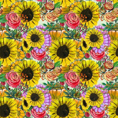 Mavi sarı ve pembe çiçekler ile Seamless Modeli