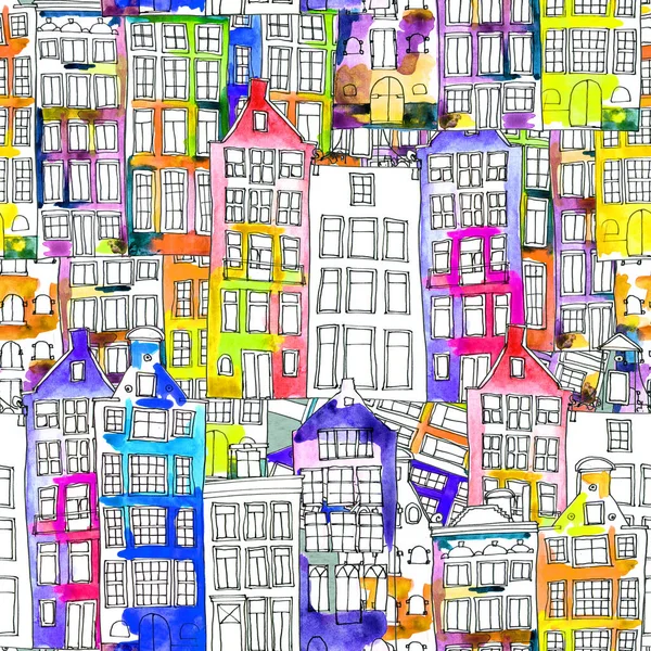 Seamless pattern eith watercolor Amsterdam houses