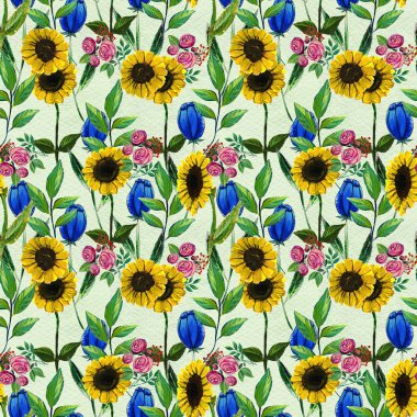 Mavi sarı ve pembe çiçekler ile Seamless Modeli