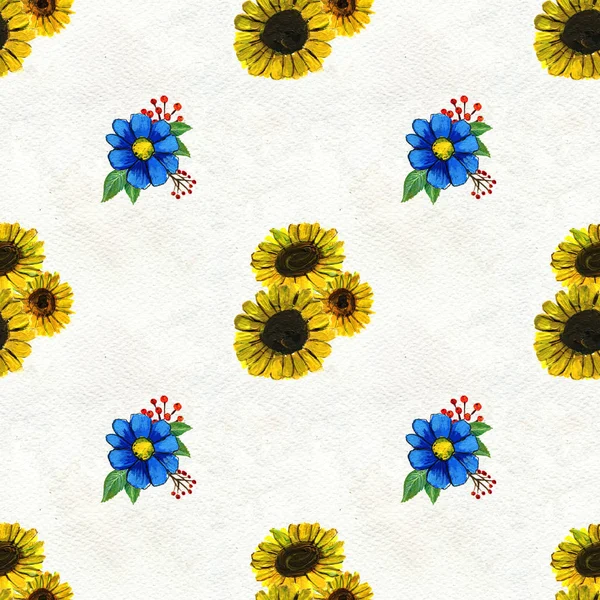 Seamless pattern with blue yellow and pink flowers — Stock Photo, Image