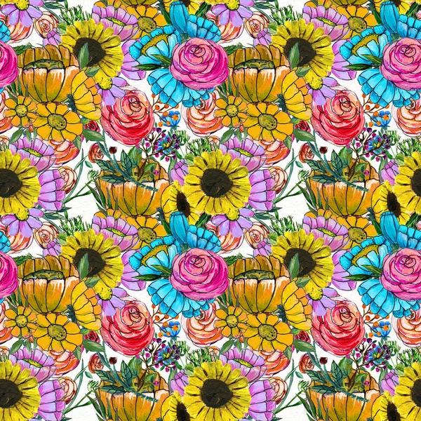 Seamless pattern with blue yellow and pink flowers