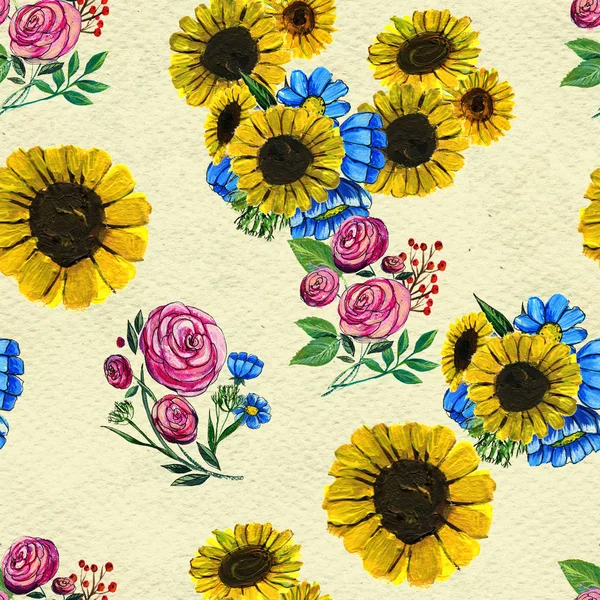 Mavi sarı ve pembe çiçekler ile Seamless Modeli — Stok fotoğraf