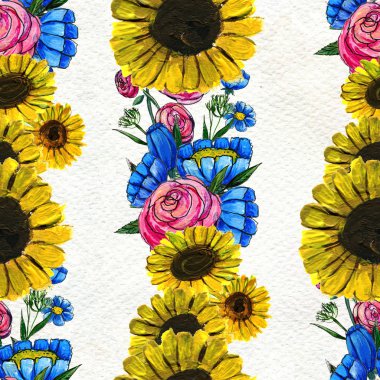 Mavi sarı ve pembe çiçekler ile Seamless Modeli