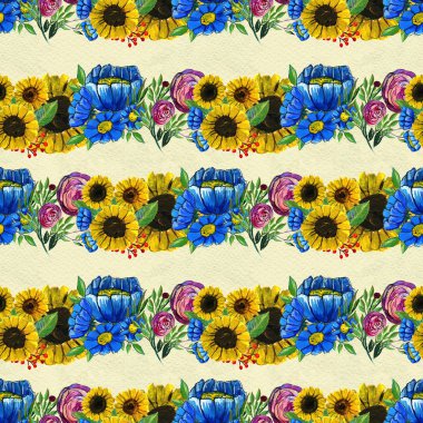 Mavi sarı ve pembe çiçekler ile Seamless Modeli