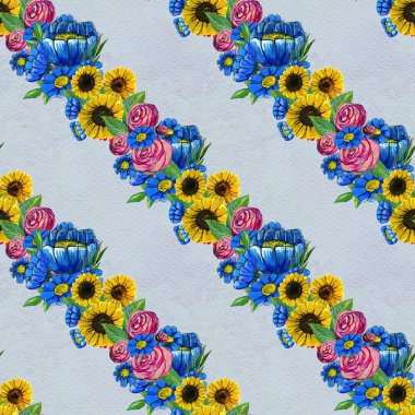 Mavi sarı ve pembe çiçekler ile Seamless Modeli