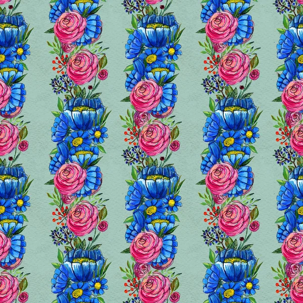 Безшовний візерунок з синьо-рожевими квітами — стокове фото