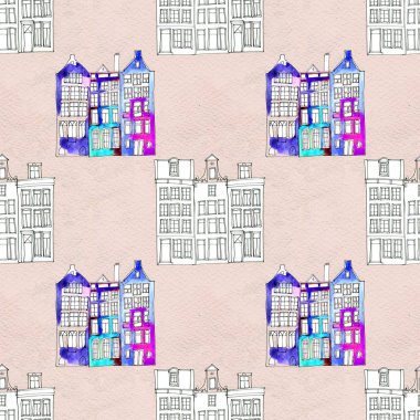 Kusursuz desenler suluboya Amsterdam evleri