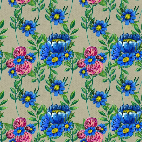 青とピンクの花とのシームレスなパターン — ストック写真