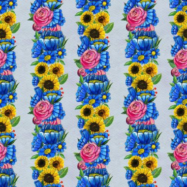 Mavi sarı ve pembe çiçekler ile Seamless Modeli