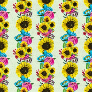 Mavi sarı ve pembe çiçekler ile Seamless Modeli