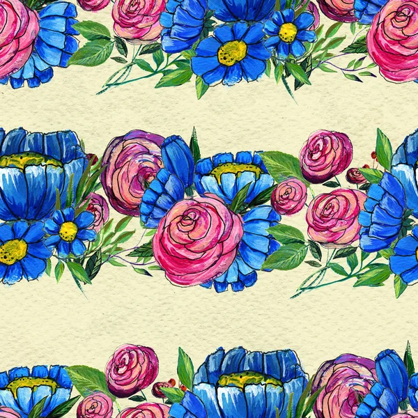 Бесшовный узор с голубыми и розовыми цветами — стоковое фото