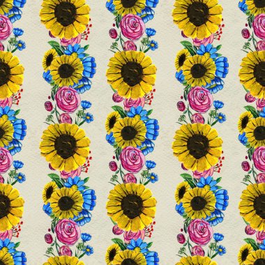 Mavi sarı ve pembe çiçekler ile Seamless Modeli