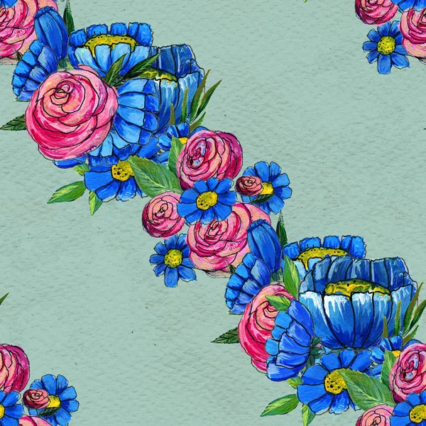 Seamless mönster med blå och rosa blommor — Stockfoto