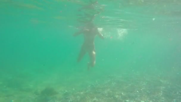 Mujer joven nadando bajo el agua — Vídeo de stock