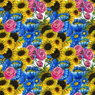 Mavi sarı ve pembe çiçekler ile Seamless Modeli