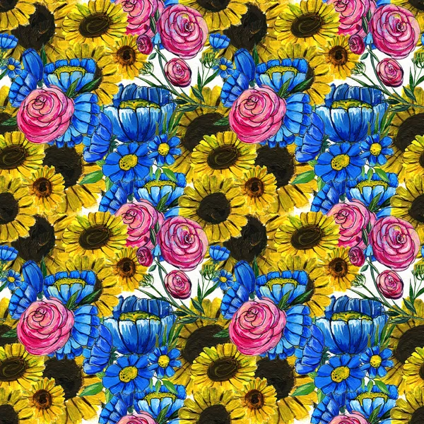 Mavi sarı ve pembe çiçekler ile Seamless Modeli