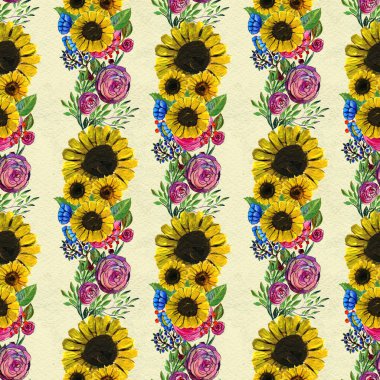 Mavi sarı ve pembe çiçekler ile Seamless Modeli